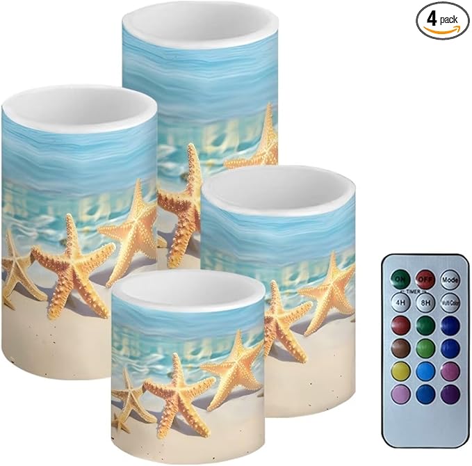 Battery Operated Tea Lights Candles with Timer, Flickering Flameless LED Pillar Color Changing Candles with Remote for Beach Coastal Decor Beach Starfish Blue, Set of 4