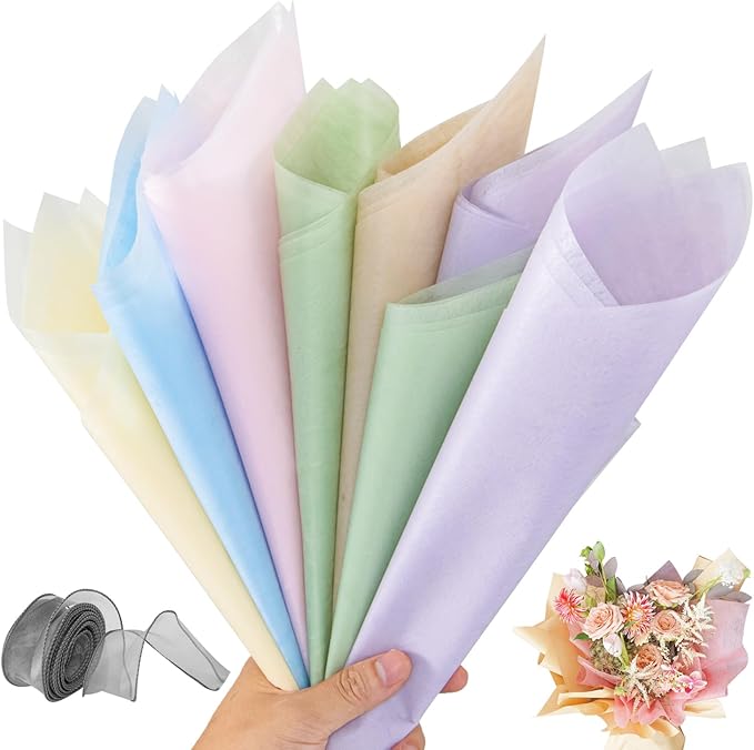 VinTS 48 Sheets 23.6x23.6in Cotton Wrapping Flower Lining Paper,Korean Style Of Waterproof Floral Bouquet Lining Paper Withdrawable Pleated Wrapping Paper Gift Packaging Paper,6 Colors