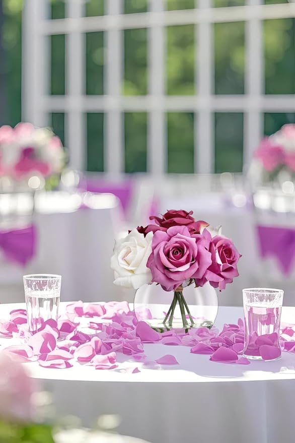 WELL KNOWN Artificial Flowers with Vase, Artificial Rose Flower Arrangements, Silk White & Pink Roses Bouquet in Glass Vase with Fake Water for Home Office Hotel Wedding Party Dinning Table Decor Gift