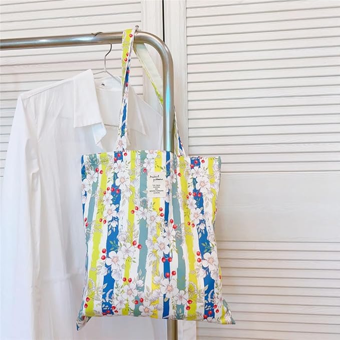 Cotton Canvas Tote Bag Reusable Soft Grocery Cloth Bag Floral Shoulder Bag for Beach Travel Shopping