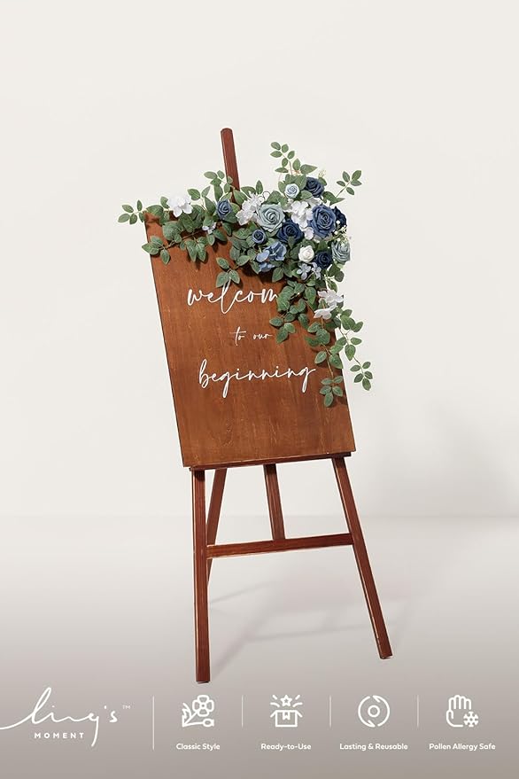 Ling's moment Wedding Artificial Welcome Sign Flowers Swag Arch Floral Garland Decorations Dusty Blue Navy for Ceremony Reception Entrance Entryway Party Banquets Easel Home Outdoor(NOT Include Sign)