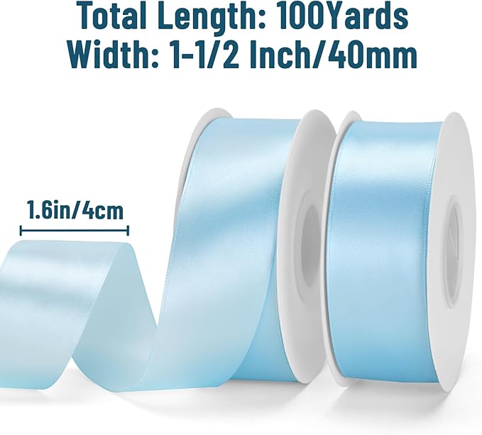 KINGLAKE Baby Blue Satin Ribbon – 1 1/2'' x 100 Yards Polyester Light Blue Ribbon for Gift Wrapping, Baby Shower, Wedding, Party Decoration, DIY Crafts, Floral Bouquets and Wreath Bows
