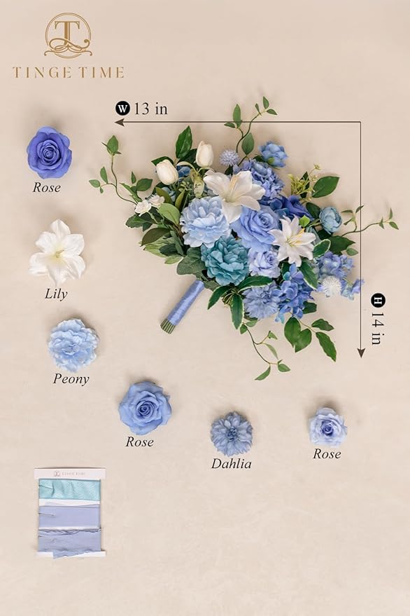 TINGE TIME 13 Inch Wedding Bouquets for Bride,Bridal Bouquet for Bride, Artificial Silk Flowers for Wedding Ceremony and Anniversary (Provence Blue)