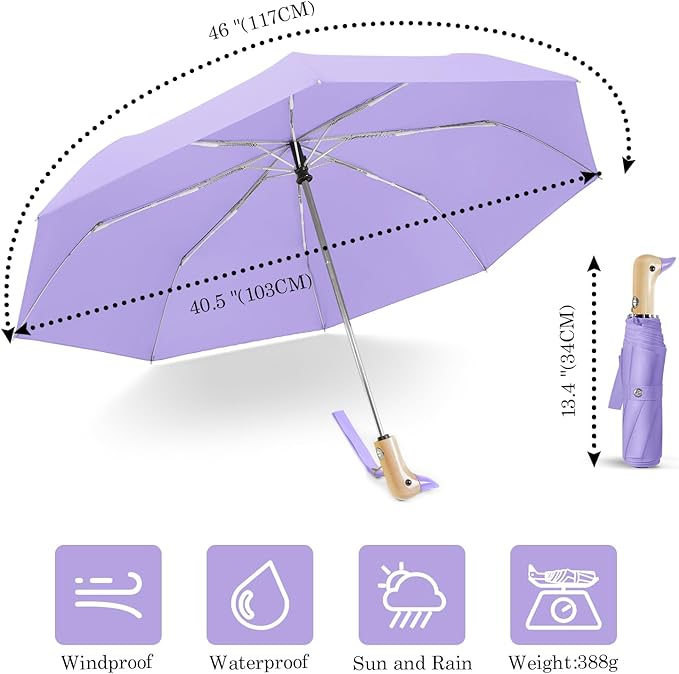 Cute Duck Umbrella Automatic - Compact Pretty Pocket Size Strong Duck Collapsible Umbrella Yellow Wooden Handle for Women