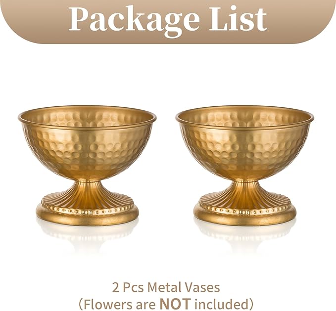Sziqiqi Gold Urn Vase for Flowers - Wedding Table Decoration Centrepieces Set of 2 Vintage Metal Vases for Artificial Flowers Small Hammered Vase for Birthday Party Christmas Anniversary