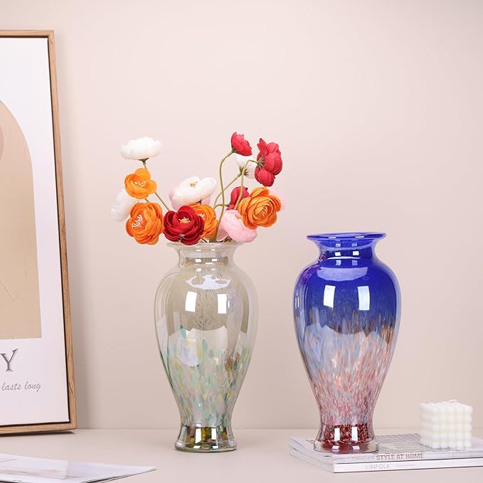 11.8" Tall Blue Glass Vase Beautiful Hand Blown Glass Vase Modern Art Home Decor, Wide Mouth Colorful Vases for Mantle Dining Table Centerpiece, Entryway Living Room Wedding Decoration