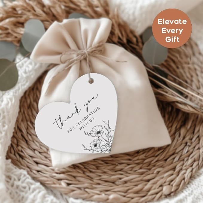 50 Heart Thank You Gift Tags with String Attached, Small Thank You for Celebrating with Us Gift Bag Tags for Presents and Personalized Party Favors - Baby Shower, Wedding, Bridal Shower, Birthday