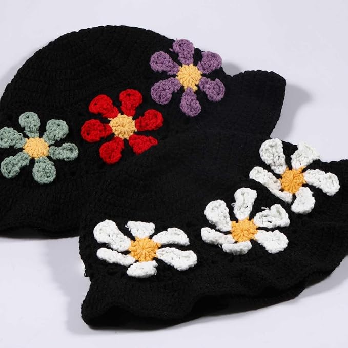 Crochet Bucket Hat for Women Flower Knit Hat Hollow Out Foldable Cap Hats