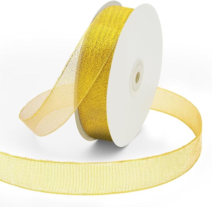 KMER LIFE 1 Inch x 50 Yards Glitter Gold Ribbon, Sparkly Metallic Fabric for Gifts Wrapping, Crafts, Sewing, Decoration - Christmas, Valentine's Day