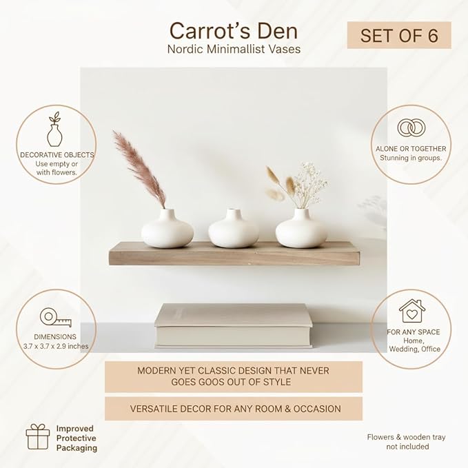 Carrot's Den - Set of 6 Nordic Minimalist White Ceramic Donut Bud Vases for Decor | Modern Boho Vases for Dry Flowers + House Plants | Wedding, Bookshelf, Home Decor, Coffee Table, Centerpiece (White)