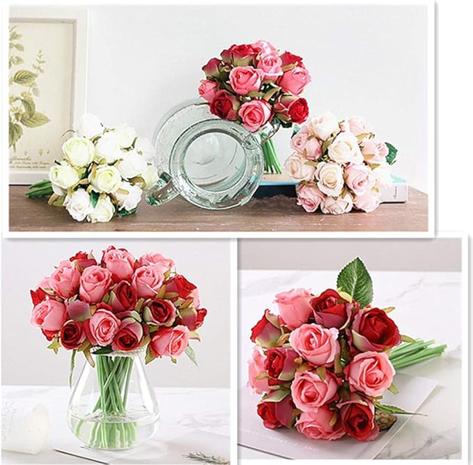 Jasion Artificial Roses Flowers 12 Heads Arrangement Silk Bouquet for Home Office Parties Bridal and Wedding Decoration (Red with Pink)