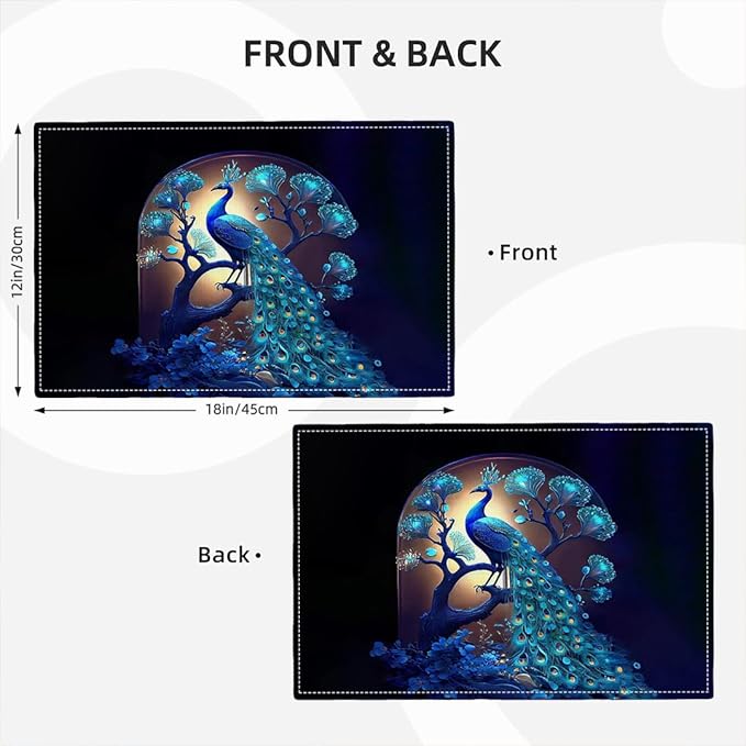 Blue Peacock Placemats Set of 6, Peacock Tree Place Mats Washable Double-Sided Table Mats for Kitchen Dining Room Home Party Indoor Decor 6 PCS 12x18 Inch