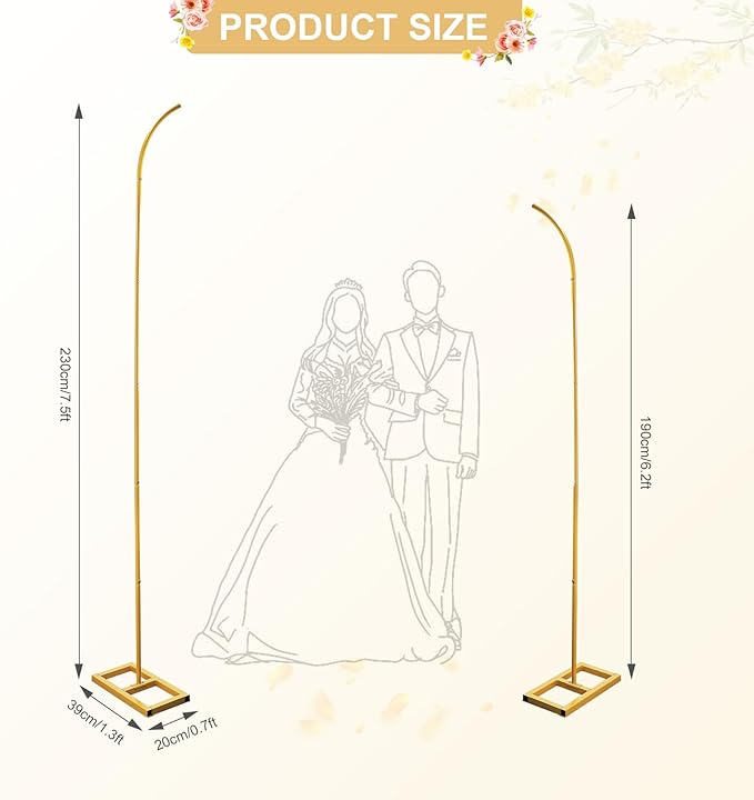Metal Arch Backdrop Stand, Gold Curved Top Wedding Arch Set of 2 (7.5FT/6.2FT) Wedding Arches Frames for Ceremony, Baby Shower,Birthday Party, Anniversary Graduation Decorations