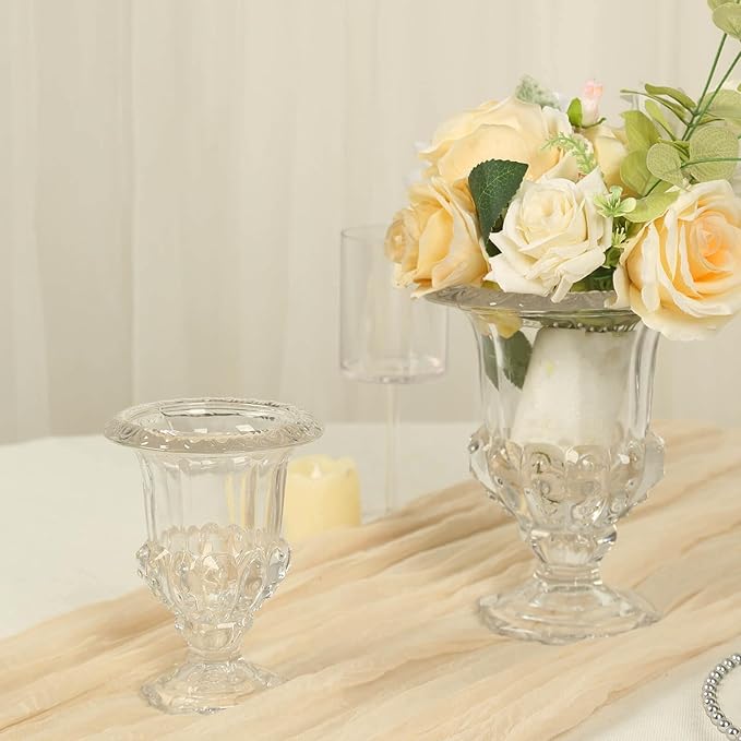 Efavormart 2 Pack Clear Glass Flower Vases in Classic Roman Urn Style, Mini Pedestal Vase Table Centerpieces - 6"