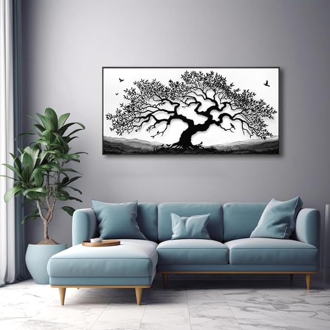 MooMel Wall Art Tree of Life White and Black Abstract Wall Art Canvas Painting for Living Room Bedroom Dining Room Home Office Decor Large Framed Ready to Hang 24"x48"