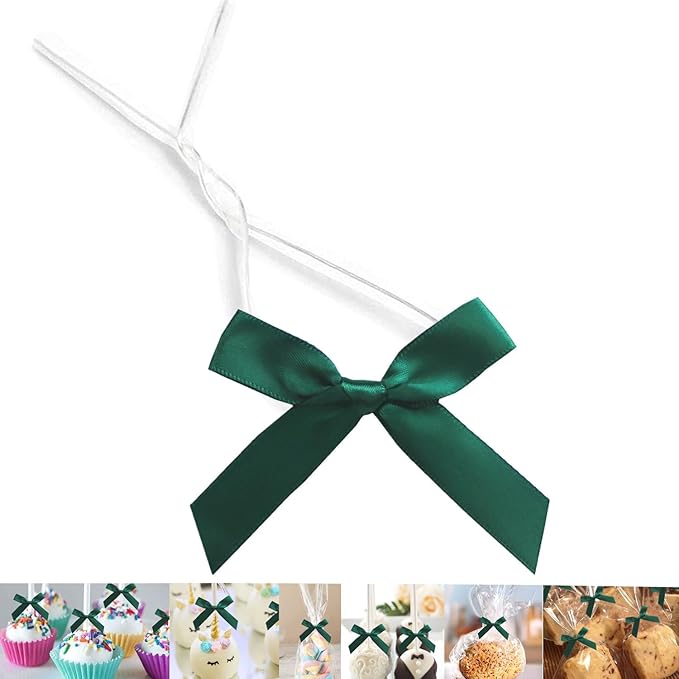 50 Pieces Bow Twist Ties for Bags, Satin Twist Tie Bows for Cake Pops, Twist Bows for Treats, Pre Tied Bows for Gifts Wrapping, Ribbon Bows, Pretied Bows Ties for Gift Wrap Bows(Dark Green)