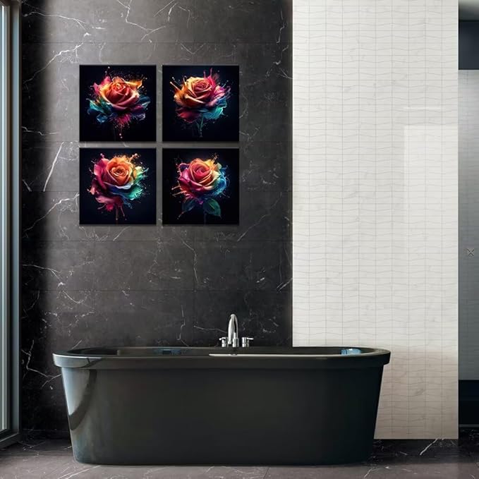 Pankila Colorful Rose Wall Art Rose Floral Pictures Canvas Prints Abstract Rose Flower Wall Decor for Living Room Bedroom Bathroom Home Decorations Framed Artwork (16''W x 16''H x 4)