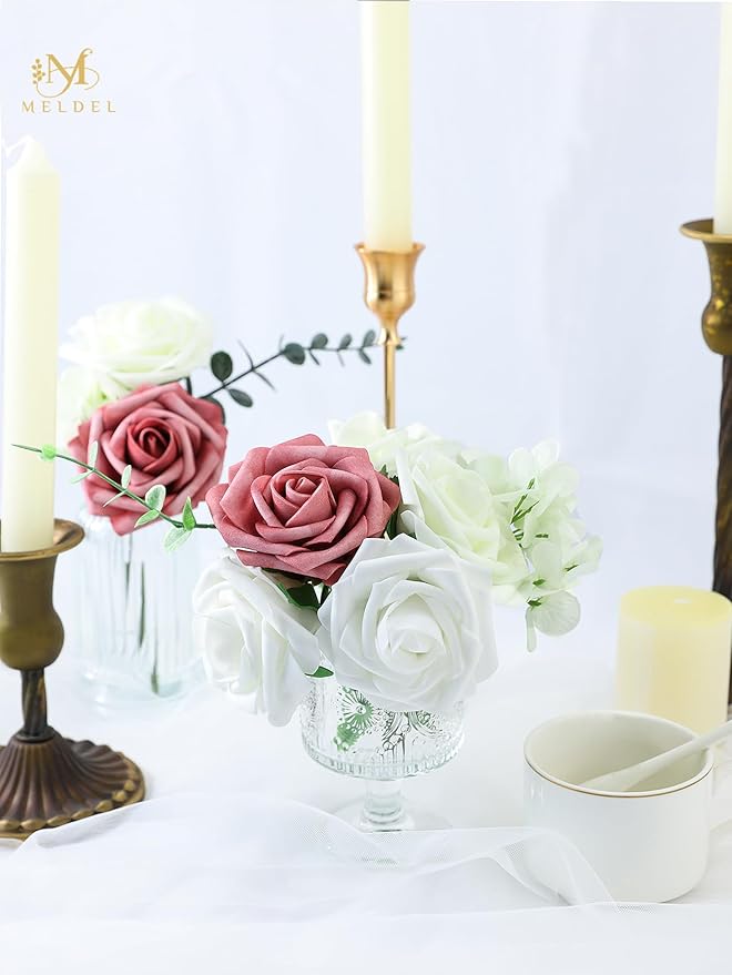 Meldel Artificial Flower 50pcs Real Looking White Rose Fake Foam Roses with Stems for DIY Wedding Bouquets Gifts Bulk Crafts Faux Floral Centerpieces Arrangements Party Home Tables Decorations