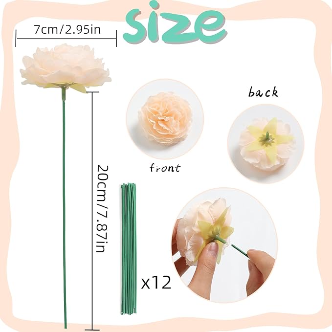 12 PCS Artificial Silk Champagne Peony Flowers with Stems - 8 Inch Fake Peony Bouquet for Wedding, Home Decor, Office Table, Festival Gifts
