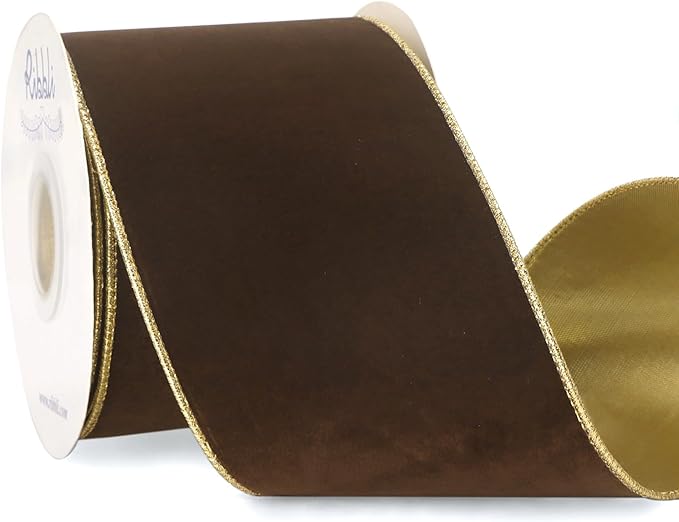 Ribbli Brown Velvet Wired Ribbon 4 Inch Luxury Matte Velvet Christmas Ribbon for Gift Wrapping Christmas Tree Decoration Crafts Wreaths Supplies - 10 Yards