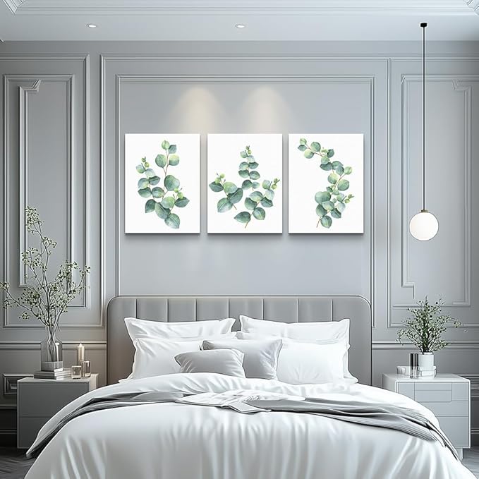 3 Piece framed Canvas Wall Art for living room bathroom Wall Decor Canvas Prints bedroom Decorations Office kitchen wall Artwork painting Green leaves Picture Watercolor painting Poster Home Decor