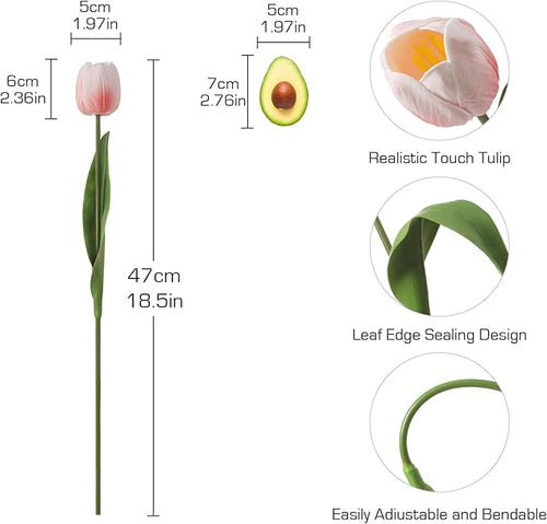 10PCS Artificial 18.5" Long Stem Blush Pink Tulips Bouquet PU Flowers, Fake 6 Color Tulip Faux Flowers with Bendable Stems for Floral Table Wedding Home Decor