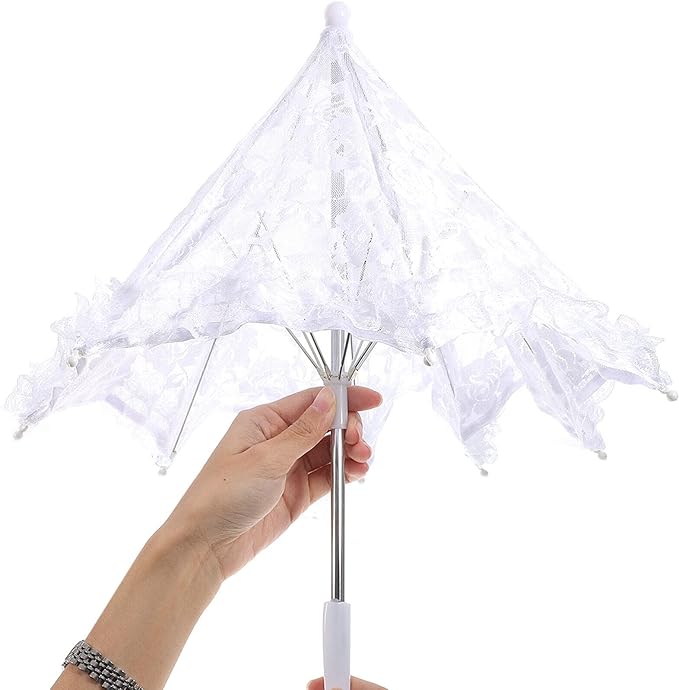 Lace Umbrella Parasol Floral White Umbrella Vintage Wedding Bridal Umbrella Photography Scene Props for Baby Shower Bridal Decorations Assorted Color A