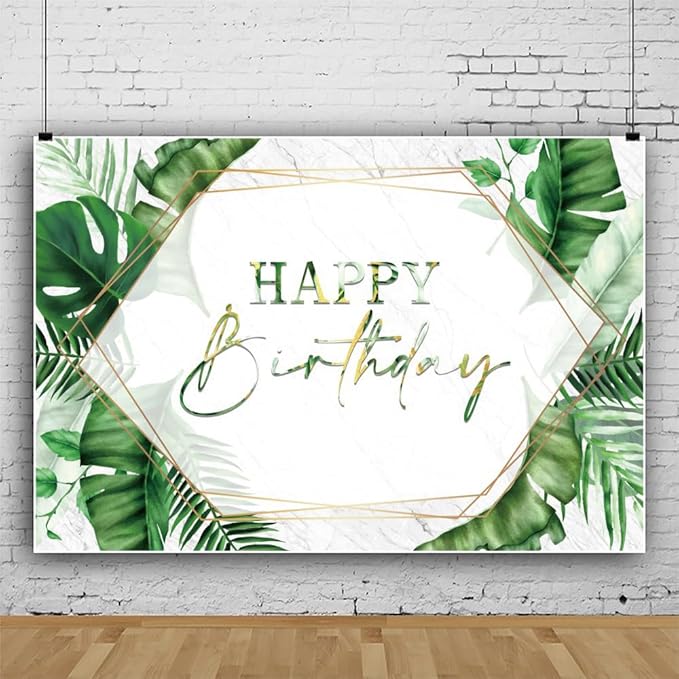 ChloropLastid 7x5ft Tropical Happy Birthday Backdrop Summer Green Palm Leaf Photography Background Hawaiian Birthday Party Banner Decorations for Men Women Portrait Photoshoot Props Supplies