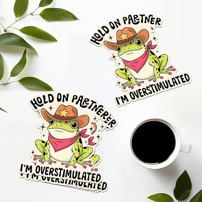 HANDICHI Design 5-Pack 4 Inch Hold On Partner I’m Overstimulated Stickers – Funny Meme Vinyl Decals for Water Bottles, Laptops, Journals, Scrapbooks – Sarcastic Gift for Frog Lovers