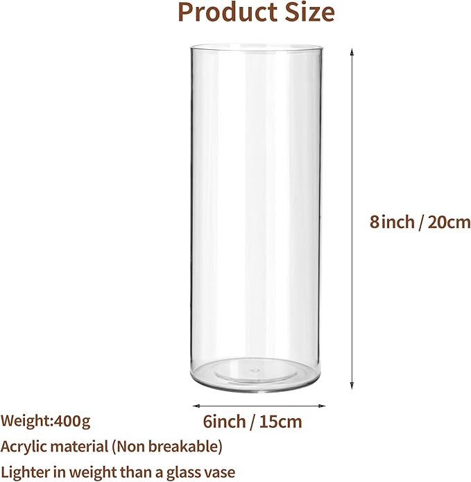 Clear Flower Vase, Non-breakable Vases, 6" W x 8" H, Acrylic Vase, Aesthetic Room Decor Cylindrical Modern Flower Vases for Table Centerpiece, Home Decor, Women Floral Arrangement Gift