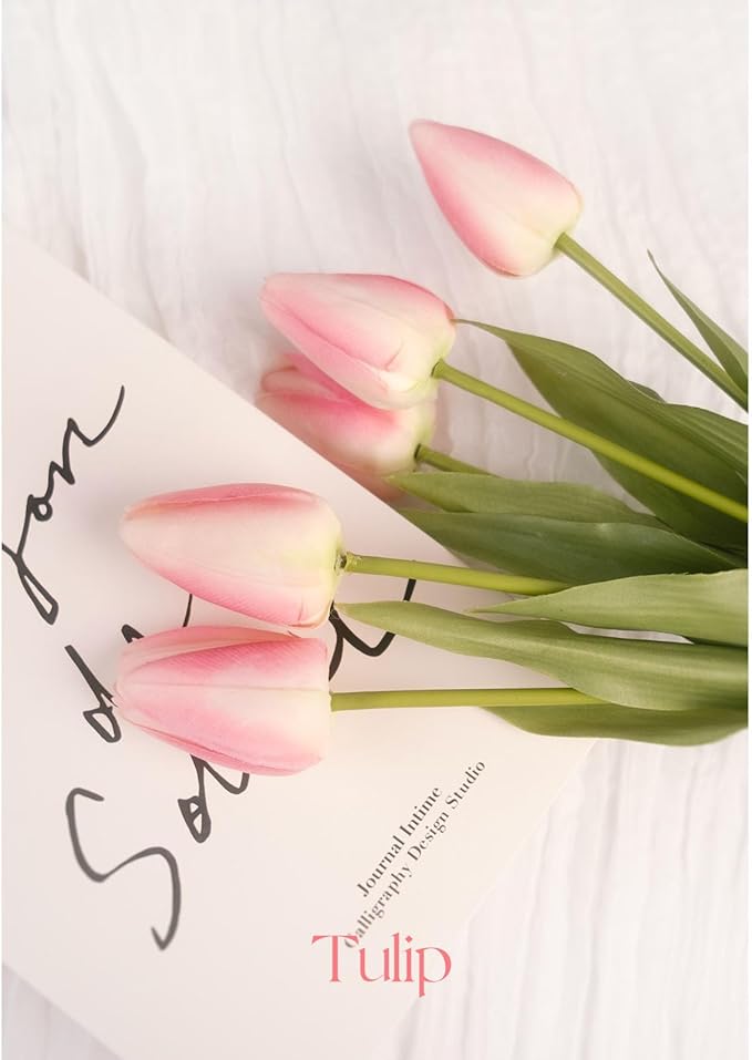 18in Artificial Tulip Flowers, 5 Pcs Real Touch Latex Faux Flowers Tulip with Fake Stems for Spring Bouquet Easter Wedding Floral Arrangement Home Party Office Kitchen Decor - Light Pink