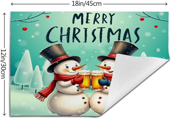 PVC Placemats Set of 1 Wipeable Table Mats Washable Heat Resistant Non Slip Vinyl Dining Table Mat for Kitchen Indoor Outdoor Patio Farmhouse Place Mats Christmas Snowman Beer Decorative