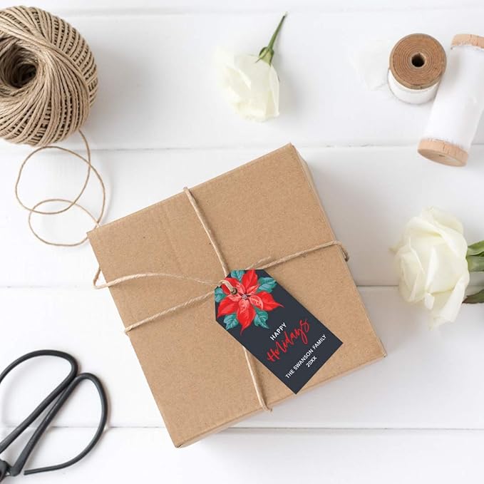 Andaz Press Personalized Christmas Holiday Season Classic Gift Tags, Happy Holidays Custom Family Name and Year, Christmas Poinsettia Design, for Holiday Events, Parties, and Favors, 60-Pack