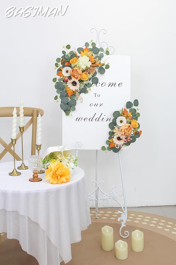 2pcs Wedding Arch Flowers,Wedding Welcome Sign,centerpieces for Tables,Reception Backdrop Table Decorations Welcome Sign (Dark Orange)