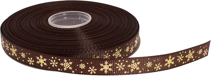 Gold Printing Snowflake Grosgrain Ribbon 25 Yard Each Roll 100% Polyester Woven Edge (3/8", Coffee)