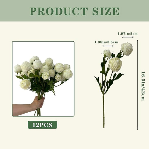 12Pcs Artificial Ranunculus Flowers – 36 Head 16.5" Silk Ranunculus Flowers Bouquets for Home Decor, Wedding Bridal Shower Centerpieces, and DIY Floral Arrangements (White)