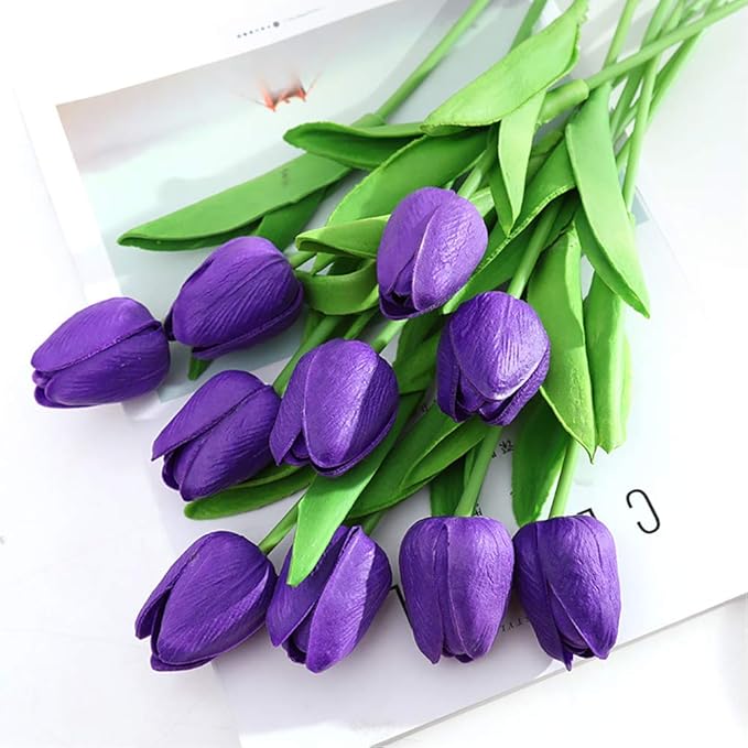 IPOPU Real Touch Purple Tulips 24PCS Artificial Flowers for Decoraion Fake Tulips Purple Flowers Floral Arrangements Faux Tulip Decor for Table Home Decor Baby Shower Centerpieces