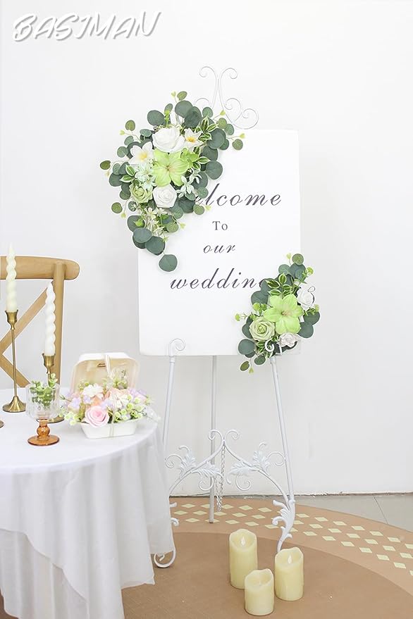 2pcs Wedding Arch Flowers,Wedding Welcome Sign,centerpieces for Tables,Reception Backdrop Table Decorations Welcome Sign(Green)