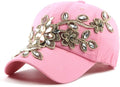 Gudessly Bling Women Baseball Cap Flower Snapback Rhinestone Sun Hats Adjustable Denim Jeans Hat
