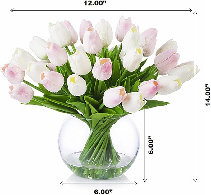 ENOVA FLORAL 30 Pieces Artificial Real Touch Tulips Flowers with Vase, Fake White Pink Tulips Flowers with Vase for Dining Table, Home Decoration, Wedding Centerpieces