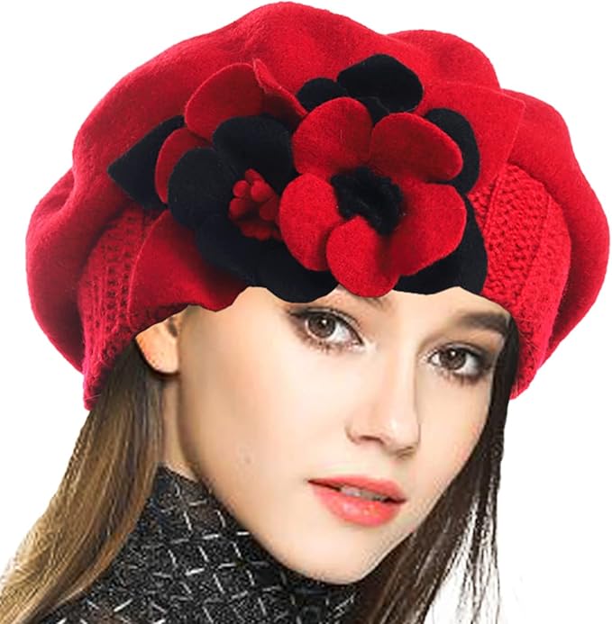 VECRY Lady French Beret 100% Wool Beret Floral Dress Beanie Winter Hat