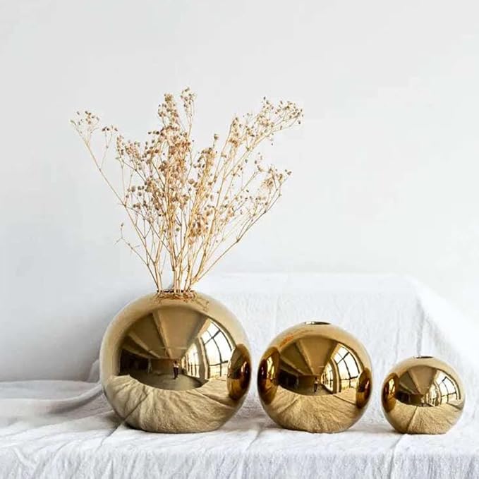 Ceramic Flower Vase for Home Decor – Round Ball Vase for Table, Shelf, Living Room Centrepiece | Modern Decorative Item for Home Office Decor (Gold) (Small)