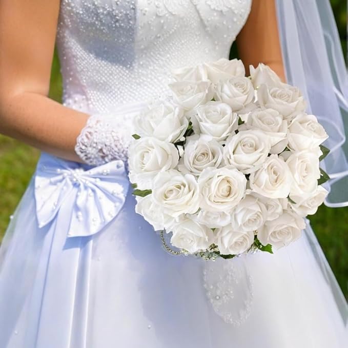 Artificial Roses 12PCS Velvet Rose Real Touch Flowers for Floral Arrangement Bridal Wedding Centerpieces Home Party Decor (White)