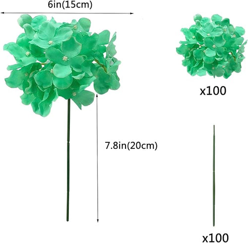 100PCS Artificial Hydrangea Flowers, Fake Flowers Silk Hydrangea Full Flowers Heads with Stems for Wedding Home Party Shop Baby Shower Decor (Peacock Green)