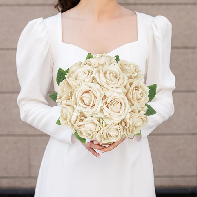 Champange Roses Artificial Flowers 16pcs Velvet Artificial Roses with Stems 3.15" Fake Roses for Bridal Bouquet Wedding Flowers for Floral Centerpieces Home Party Decor (Champange)