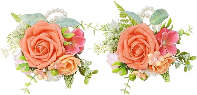 TINGE TIME Set of 2 Wrist Corsage Bracelets Pearl Wristlet Band Bridesmaid Bracelet for Wedding Ceremony Bridal Shower Wedding Artificial Flower Prom (Tropical)