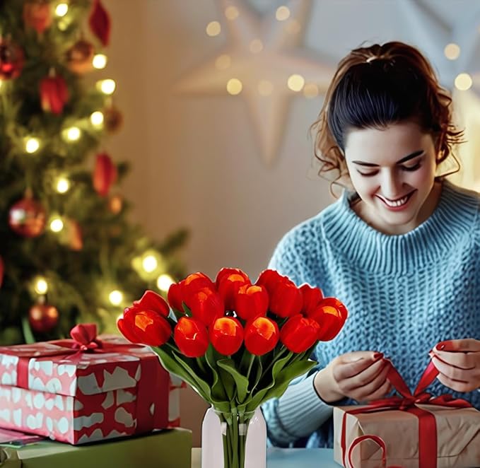 LED Lighted Artificial Tulip Lamp, Real Touch Tulip Flowers, 15 Inch Faux Tulip Bouquet with Battery Operated Lights for Gifts, Christmas,Holiday,Home Kitchedn Wedding Decor (Red)