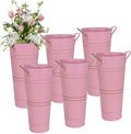 9 Inch Galvanized Metal Vases for Flowers - 6 Pcs Farmhouse Decorative Tall Flower Bucket with Handles, Rustic French Tin Planter Buckets for Wedding Decor (Pink)