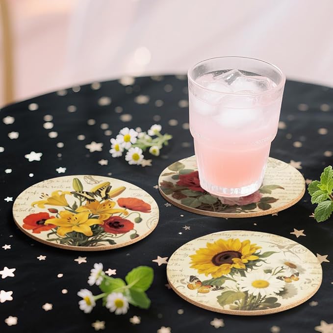 ANATTASOUL Coasters Set of 9 Retro Flowers Pattern Colorful Wooden Coasters Bulk Round Housewarming Gift for New Home, 3.9" Decorative Coffee Table Protection for Farmhouse Bar House Decor