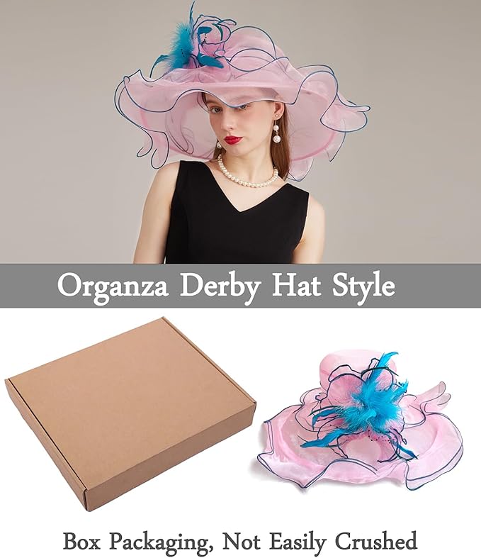 Organza Derby Hats for Women Wide Brim Fascinator Hat Rose Flower Wedding Tea Party Hat